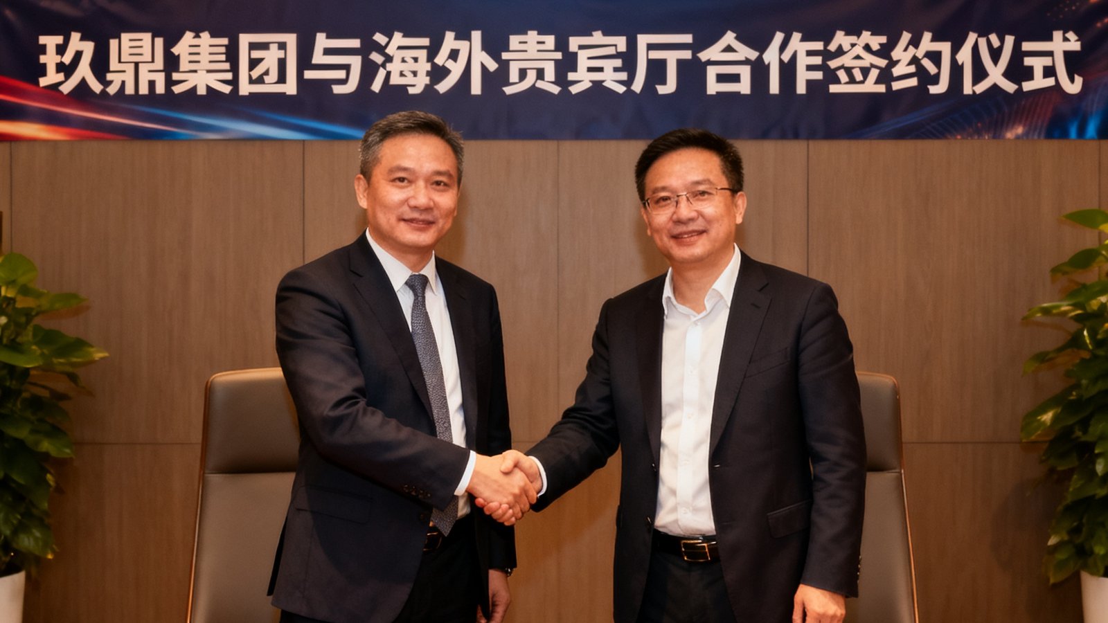 玖鼎集团与海外贵宾厅合作签约仪式现场照片，双方代表握手，背景为双方Logo和签约主题横幅